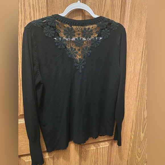 Black button front Sweater with lace trim detail. - Picture 2 of 5